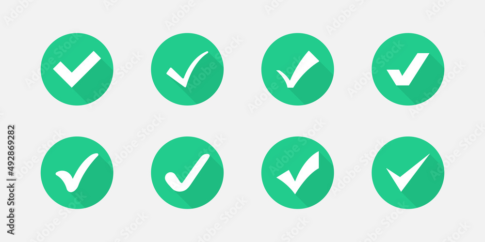 Poster check marks vector green buttons set. approved or ok green checkmark tick icon isolated. vector eps 