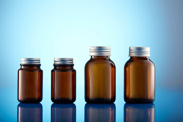 Set of empty brown glass medicine bottles. Amber bottle samples.