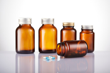 Set of empty brown glass medicine bottles. Amber bottle samples.