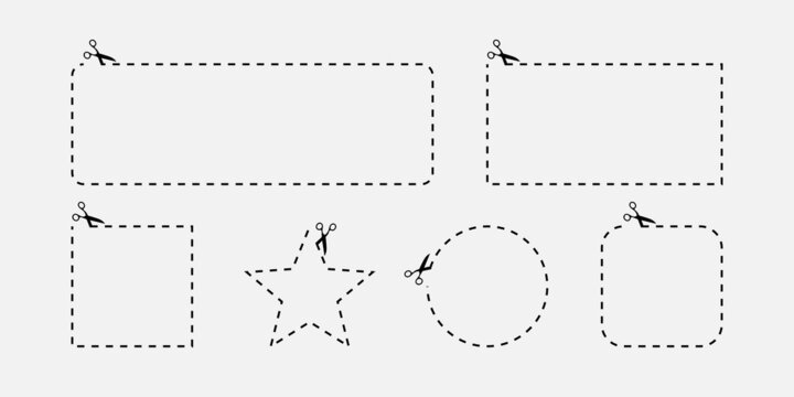 Scissors with cut line icon. Scissors with cut out contours of shapes, square rectangle and circle. Vector EPS 10