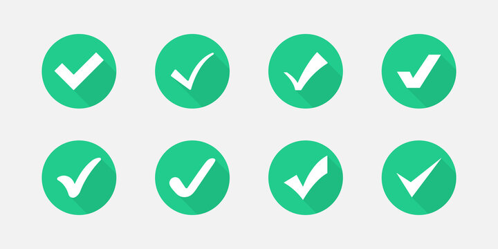 Check Marks Vector Green Buttons Set. Approved Or OK Green Checkmark Tick Icon Isolated. Vector EPS 10