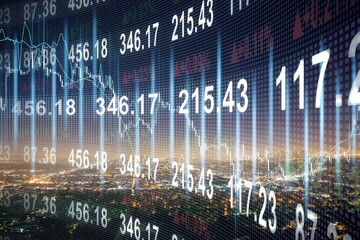 Abstract glowing big data forex candlestick chart on city backdrop. Trade, technology, investment and analysis concept.