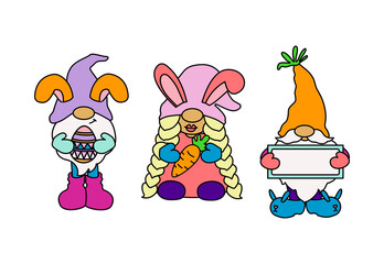 Fototapeta premium Three Easter gnomes. Bunny ears, Easter eggs. Cute hand drawn vector illustration. Isolated white background. For Easter decor, cutouts, invitations and postcards