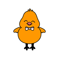 Easter chicken with a bow. Cute hand drawn vector illustration. Isolated white background. For Easter decor, cutouts, invitations and postcards