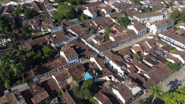 Amazing aerial view of historic colonial city - Paraty, Rio de Janeiro, Brazil. Drone view, Historic Center.