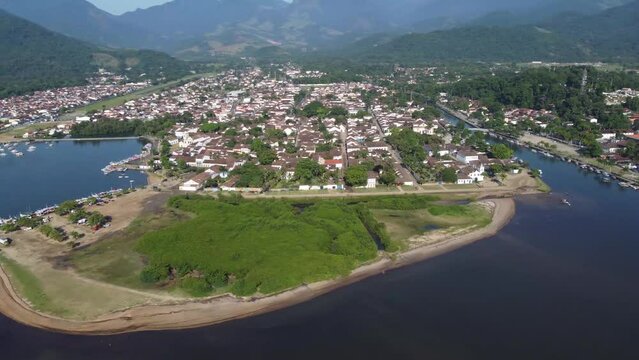 Amazing aerial view of historic colonial city - Paraty, Rio de Janeiro, Brazil. Drone view, Historic Center.