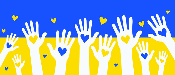 hands with hearts  blue and yellow hearts,  Stop war, Pray for Ukraine