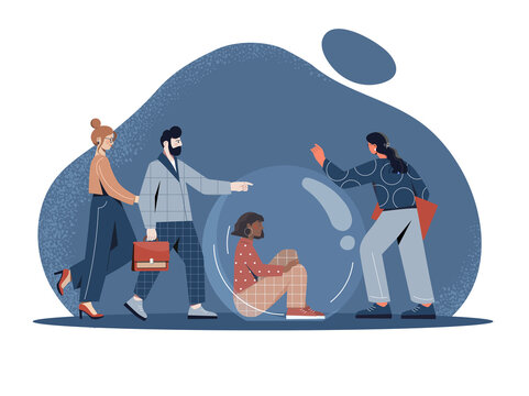 Social isolation concept. Girl in bubble, quarantine and coronavirus. Employees touch colleague in balloon. Mental problems and psychology, depression and sadness. Cartoon flat vector illustration