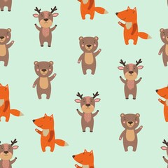 Seamless woodland pattern with oak leaves and cute forest animals - fox, deer, hedgehog, and owl illustrations