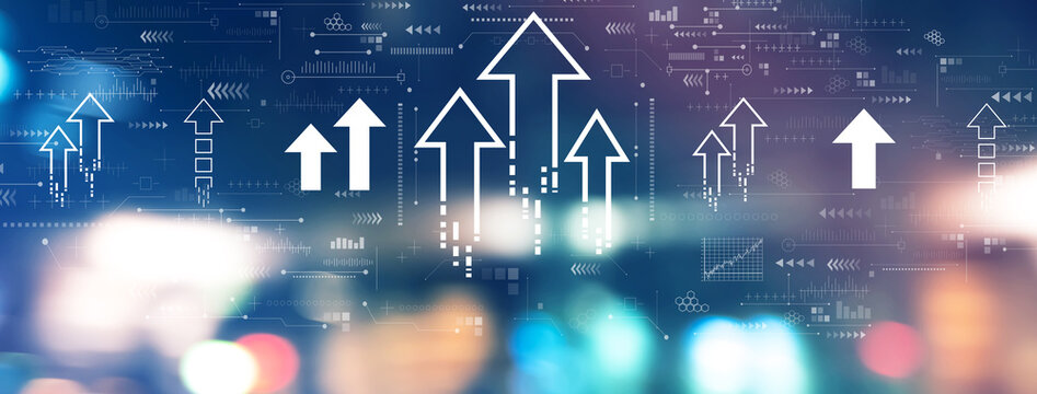 Rising arrow theme with blurred city lights at night