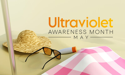 Ultraviolet awareness month observed each year in May, Exposure to UV rays can burn delicate eye tissue and raise the risk of developing cataracts and cancers of the eye. 3D Rendering