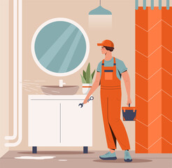 Maintenance service company. Worker with tools in room. Plumber with wrench came to fix pipes in your bathroom. Worker in uniform, support. Poster or banner. Cartoon flat vector illustration