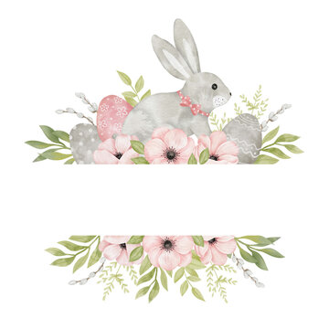 Watercolor Happy Easter frame for card making. Border with bunny, flower anemone, colorfull eggs, spring greenery. Decor element. Catholic holiday clipart.