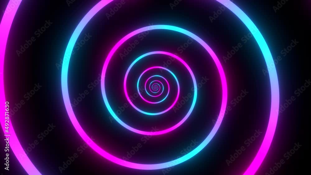 Poster minimal thin fluorescent spiral in infinite rotation. funky holographic backdrop in retrowave style.
