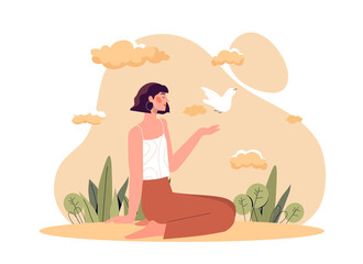 Obraz na płótnie Canvas Lovely girl sitting. Woman in nature with birdie, banner or poster. Inner peace and balance. Character on beach or in city park, love for nature and animals. Cartoon flat vector illustration