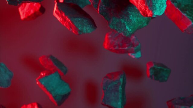 Rocks set on neon green red background. Fly rocks pieces background. Minimal abstract background for branding and packaging presentation. Mockup template for ads design. 3d animation loop in 4K