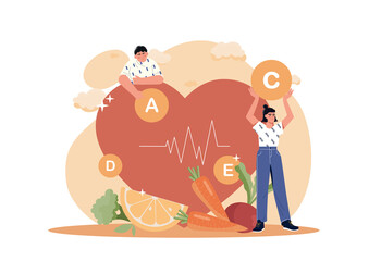 Healthy lifestyle concept. Girl and guy with vitamins near heart. Useful elements and nutritional supplements. Proper nutrition, good health and active lifestyle. Cartoon flat vector illustration