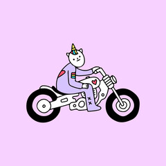 Fototapeta na wymiar Trendy unicorn riding a motorbike. Illustration for street wear, t shirt, poster, logo, sticker, or apparel merchandise. Retro and pop art style.