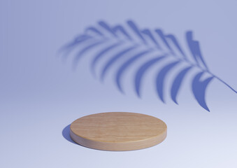Light, pastel blue simple 3D render minimal natural product display composition with one wood podium or stand with palm leaf shadow in the background