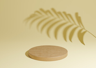 Warm, light, bright, pastel yellow simple 3D render minimal natural product display composition with one wood podium or stand with palm leaf shadow in the background
