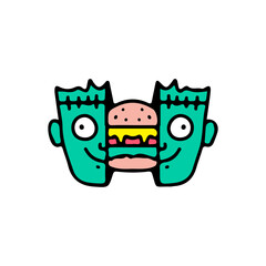 Two half of Frankenstein head with burger inside. Illustration for street wear, t shirt, poster, logo, sticker, or apparel merchandise. Retro and pop art style.
