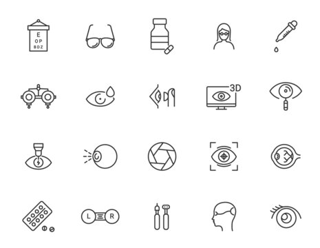 Eye vision stroke icon. Ophthalmology glasses vector optometry health care. Eye lens medical symbol icons