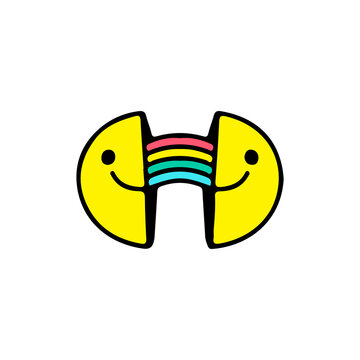 Two half of smile face with rainbow inside. Illustration for street wear, t shirt, poster, logo, sticker, or apparel merchandise. Retro and pop art style.