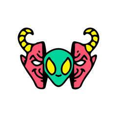 Devil head with alien face inside. Illustration for street wear, t shirt, poster, logo, sticker, or apparel merchandise. Retro and pop art style.