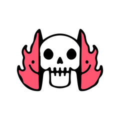 Cool Two half of fire with skull face inside. Illustration for street wear, t shirt, poster, logo, sticker, or apparel merchandise. Retro and pop art style.