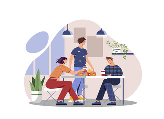 Fast food dinner. Group of friends sitting in cafe or restaurant with fries and hamburgers. Holidays at weekends, unhealthy lifestyle and diet. People indoor. Cartoon flat vector illustration
