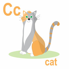 Cute cat, the ABC of children's wall art. Postcards with the alphabet. Poster with children's alphabet. The atmosphere of the game room. C is for the cat. Vector clipart, hand-drawn illustration.