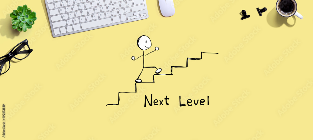 Poster next level concept with a computer keyboard and a mouse