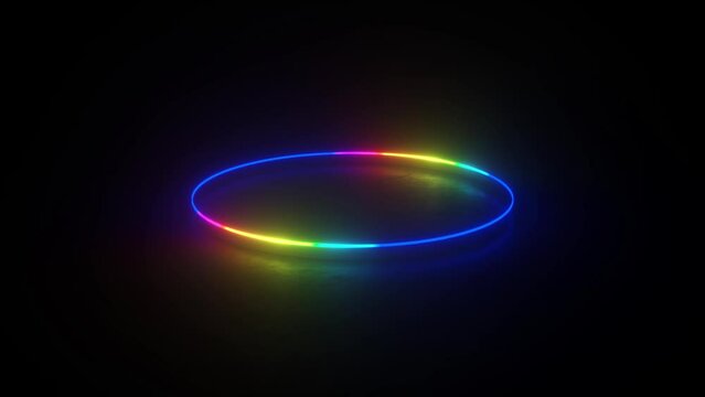 Multicolored neon circle. Motion background seamless loop. Abstract futuristic hi-tech. Coloured circle with various rotations and effects in space trough time. Video animation Ultra HD 4K 3840x2160