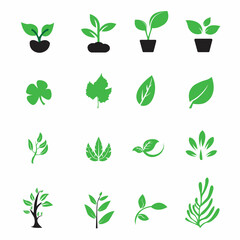 Simple collection of leaves and trees, plant flat icons. 