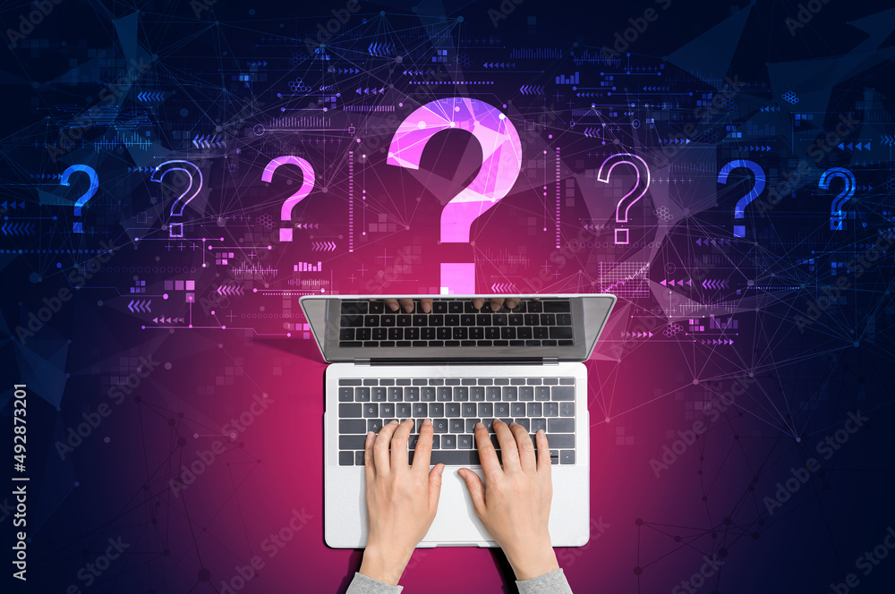 Poster question marks with person using a laptop computer