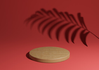 Bright maroon, dark red simple 3D render minimal natural product display composition with one wood podium or stand with palm leaf shadow in the background