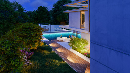 Impressive modern  mansion with pool at dusk