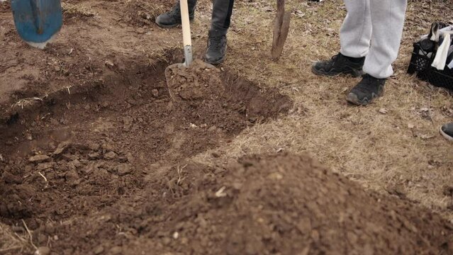 Archaeological site of world war ii mass grave. Digging pit. Pit in ground. Shovel. Dirty shovel in fresh soil. Deep hole in ground. Rusty old tool on construction. Dig deep ditches and pits.