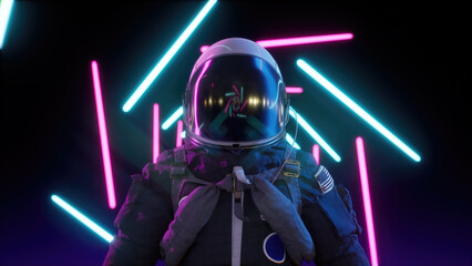 Retrowave astronaut among neon laser beams. Futuristic background 3d render © Aleksandra Sova
