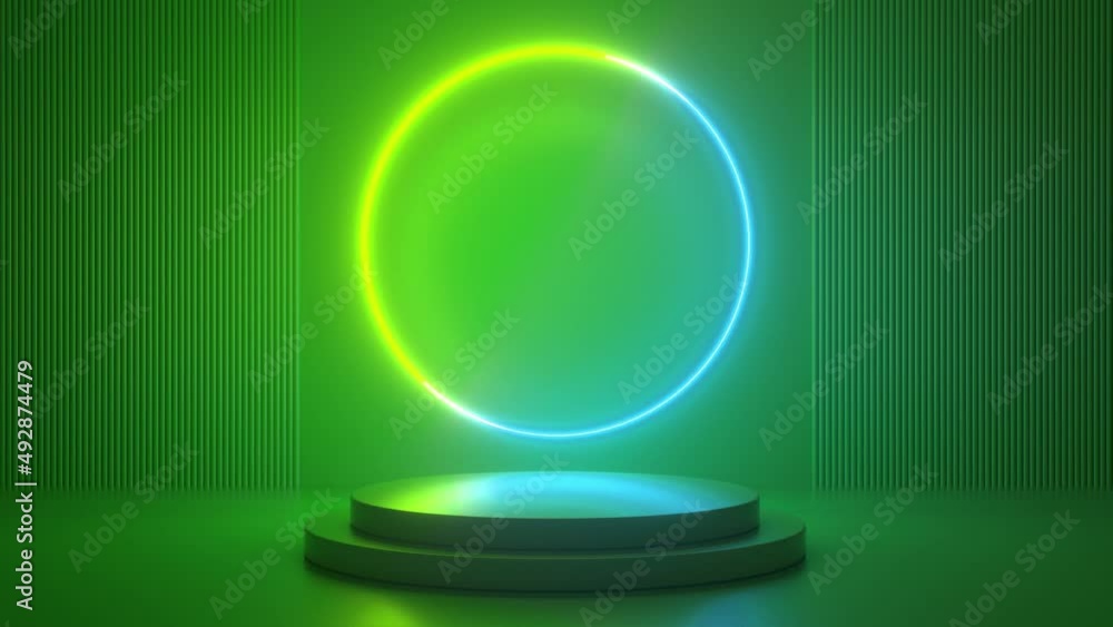 Poster podium with blue green neon circle. futuristic showcase with platform for product displaying. empty 