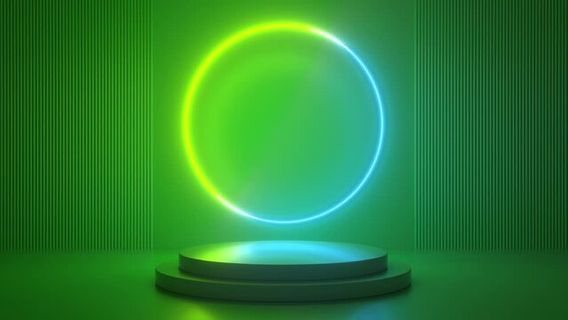 Podium with blue green neon circle. Futuristic showcase with platform for product displaying. Empty modern stage display with neon electric light. Geometric shapes composition. 3d animation loop 4K