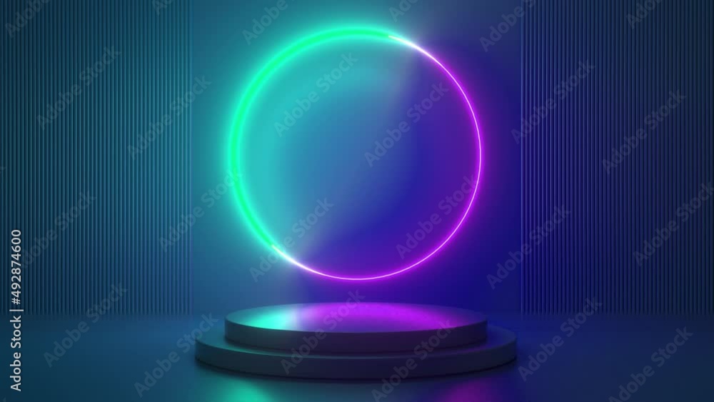 Poster podium with green purple neon circle. futuristic showcase with platform for product displaying. empt