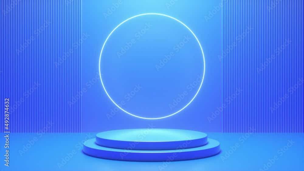 Poster blue podium with a bright glowing blinking neon circle. futuristic showcase with platform for produc