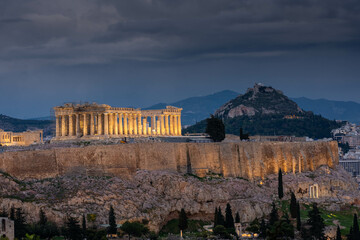 Beautiful night view of the Parthenon and the Acropolis, Athens in Greece