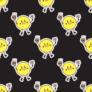 Smile emoji character with burger, seamless pattern background illustration for t-shirt, sticker, or apparel merchandise. With doodle, retro, and cartoon style.