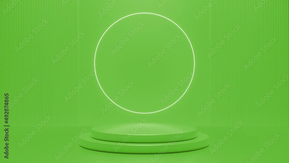 Poster green podium with a bright glowing blinking neon circle. futuristic showcase with platform for produ