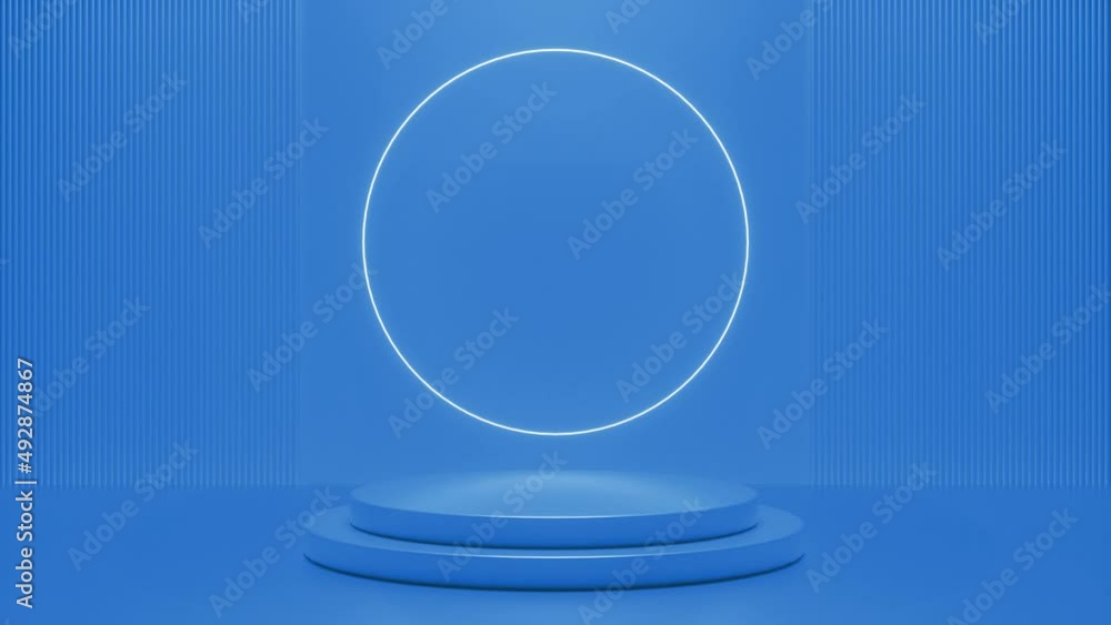 Poster blue podium with a bright glowing blinking neon circle. futuristic showcase with platform for produc