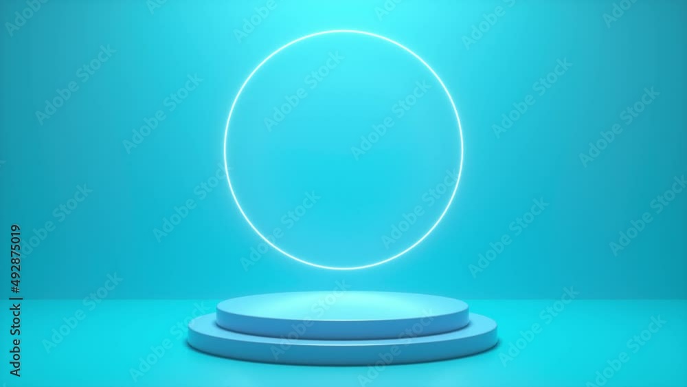 Poster blue podium with a bright glowing blinking neon circle. futuristic showcase with platform for produc