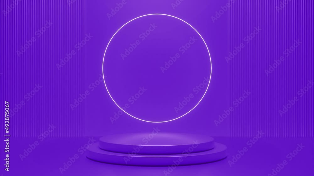 Poster purple podium with a bright glowing blinking neon circle. futuristic showcase with platform for prod