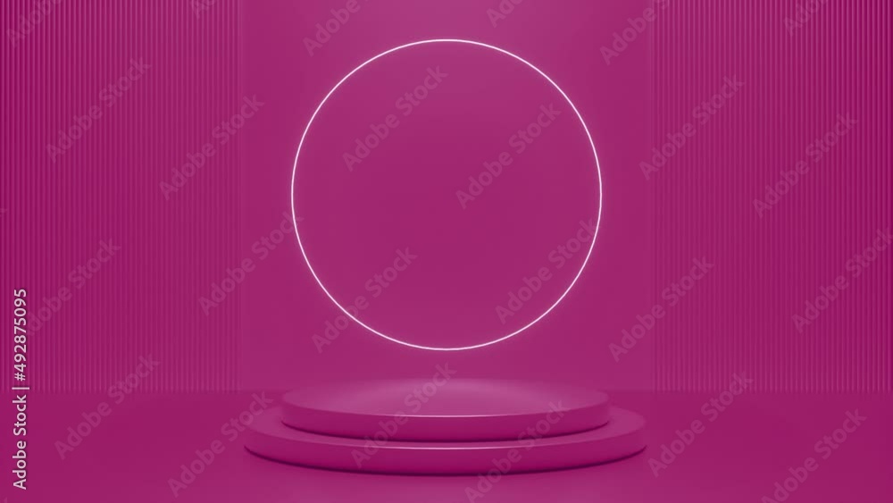 Poster pink podium with a bright glowing blinking neon circle. futuristic showcase with platform for produc